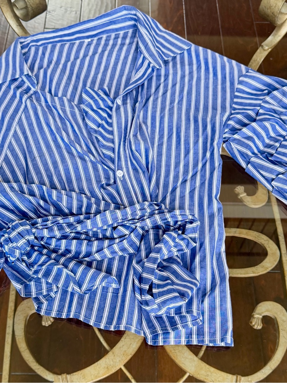 Blue and White Vertical Stripe Button-Up Shirt